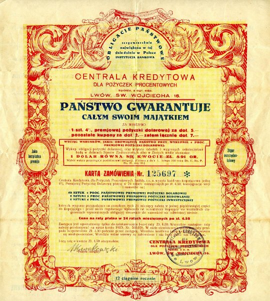KKE 5420.jpg - Dok. Pożyczka dolarowa/ Obligacja państwowa. Dokument wydany przez Centrala kredytowa dla pożyczek procentowych, Lwów, lata20/30-te XX wieku.